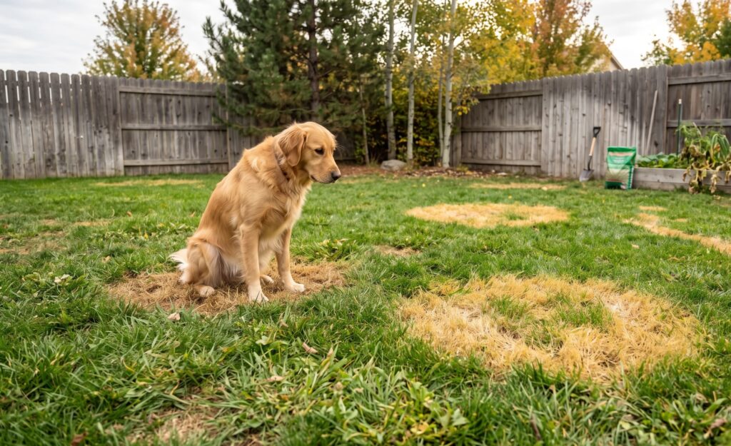 golden retriever looking at gold spots in grass.