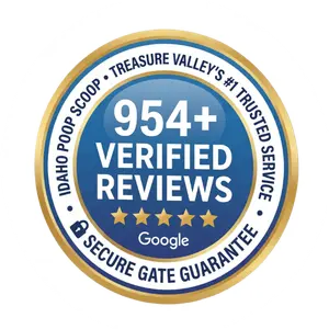 Idaho Poop Scoop trust badge showing 954+ verified 5-star Google reviews and Secure Gate Guarantee for Treasure Valley dog waste removal service.